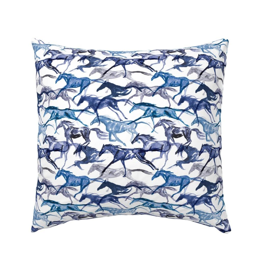 Euro Pillow Shams |   “Gallop in Blue” – Blue Galloping Watercolor Horses Euro Pillow Sham Bedding Euro Pillow Shams